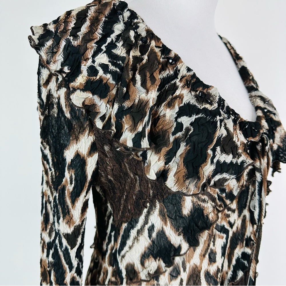 Alberto Makali 90’s Animal Print Ruffle Lace Crinkle Mixed Media Top Size Large - Picture 7 of 15